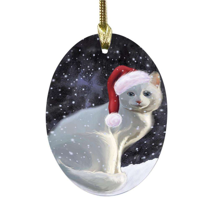 Let it Snow Christmas Holiday White Albino Cat Oval Glass Christmas Ornament OGOR48774