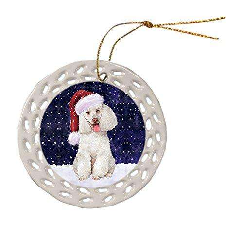 Let it Snow Christmas Holiday White Poodle Dog Wearing Santa Hat Ceramic Doily Ornament D041