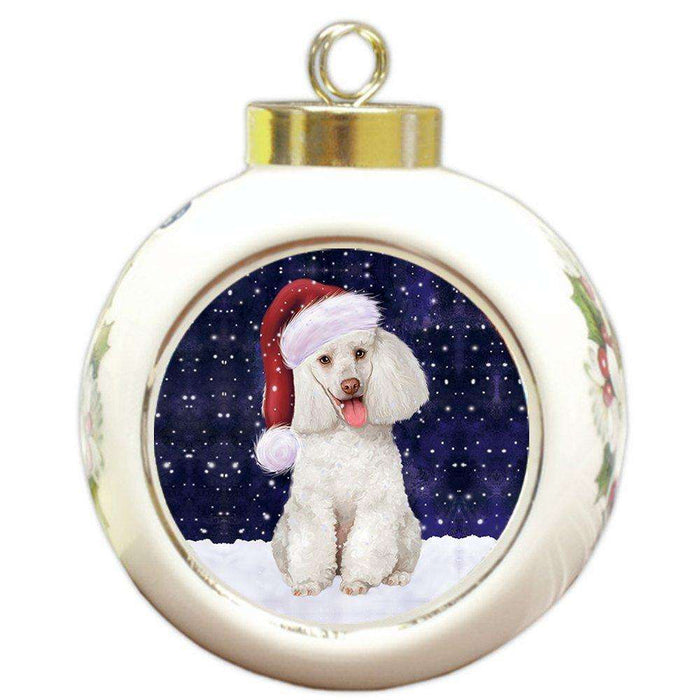 Let it Snow Christmas Holiday White Poodle Dog Wearing Santa Hat Round Ball Ornament D249