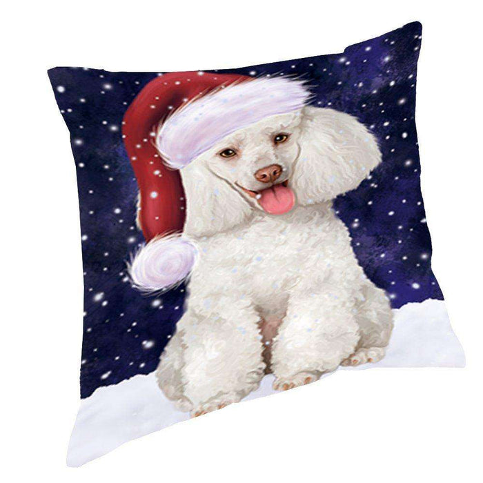 Let it Snow Christmas Holiday White Poodle Dog Wearing Santa Hat Throw Pillow D407