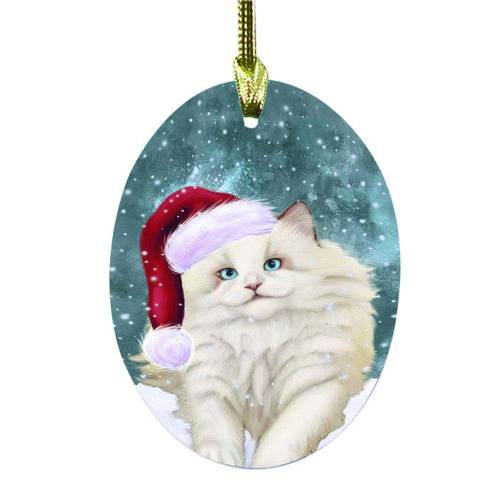 Let it Snow Christmas Holiday White Ragdoll Cat Oval Glass Christmas Ornament OGOR48776