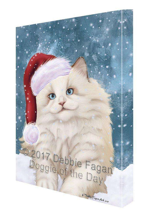 Let it Snow Christmas Holiday White Ragdoll Cat Wearing Santa Hat Canvas Wall Art