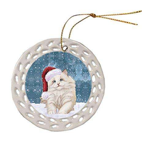 Let it Snow Christmas Holiday White Ragdoll Cat Wearing Santa Hat Ceramic Doily Ornament D042