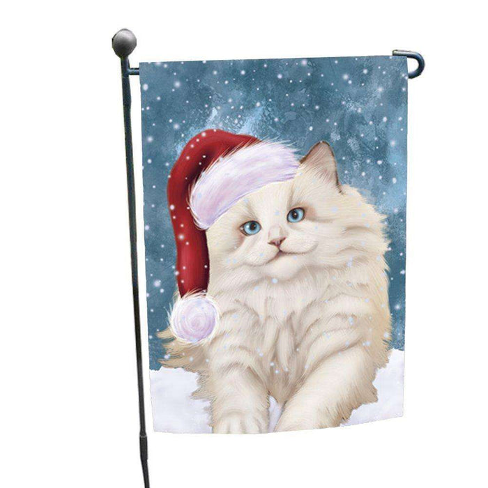 Let it Snow Christmas Holiday White Ragdoll Cat Wearing Santa Hat Garden Flag