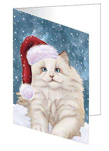 Let it Snow Christmas Holiday White Ragdoll Cat Wearing Santa Hat Handmade Artwork Assorted Pets Greeting Cards and Note Cards with Envelopes for All Occasions and Holiday Seasons D356