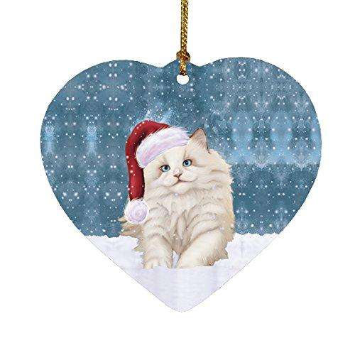 Let it Snow Christmas Holiday White Ragdoll Cat Wearing Santa Hat Heart Ornament D250
