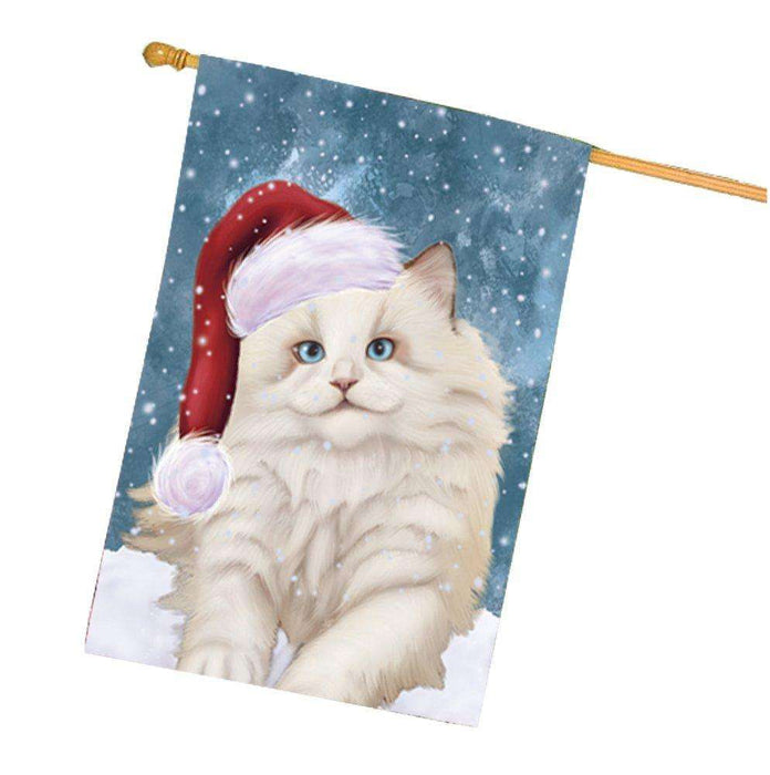Let it Snow Christmas Holiday White Ragdoll Cat Wearing Santa Hat House Flag