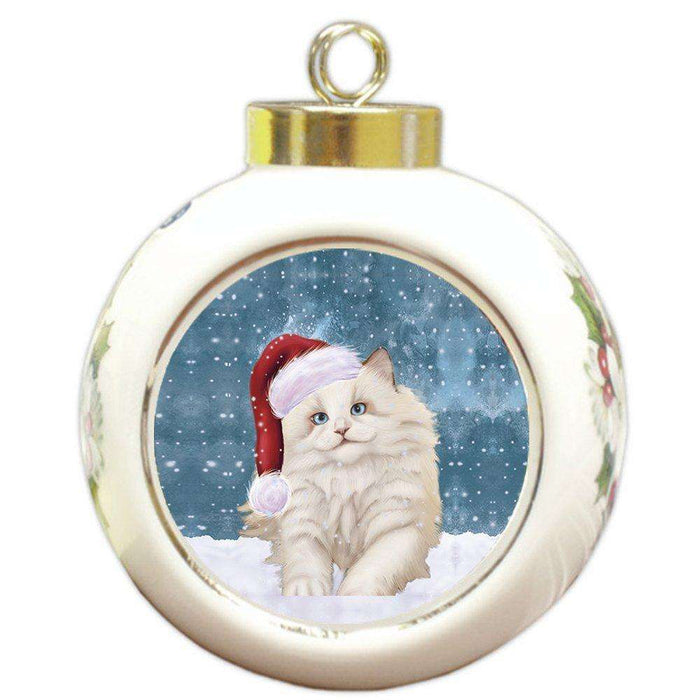 Let it Snow Christmas Holiday White Ragdoll Cat Wearing Santa Hat Round Ball Ornament D250