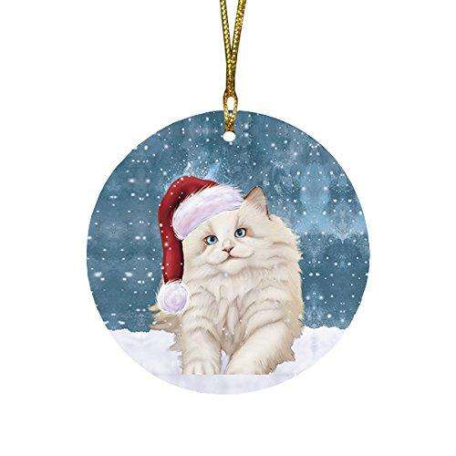 Let it Snow Christmas Holiday White Ragdoll Cat Wearing Santa Hat Round Ornament D250