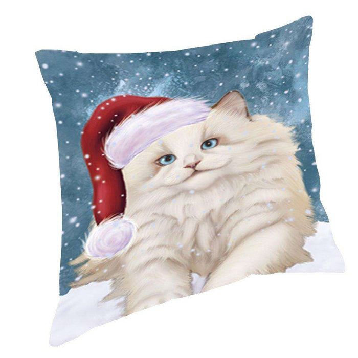 Let it Snow Christmas Holiday White Ragdoll Cat Wearing Santa Hat Throw Pillow D408