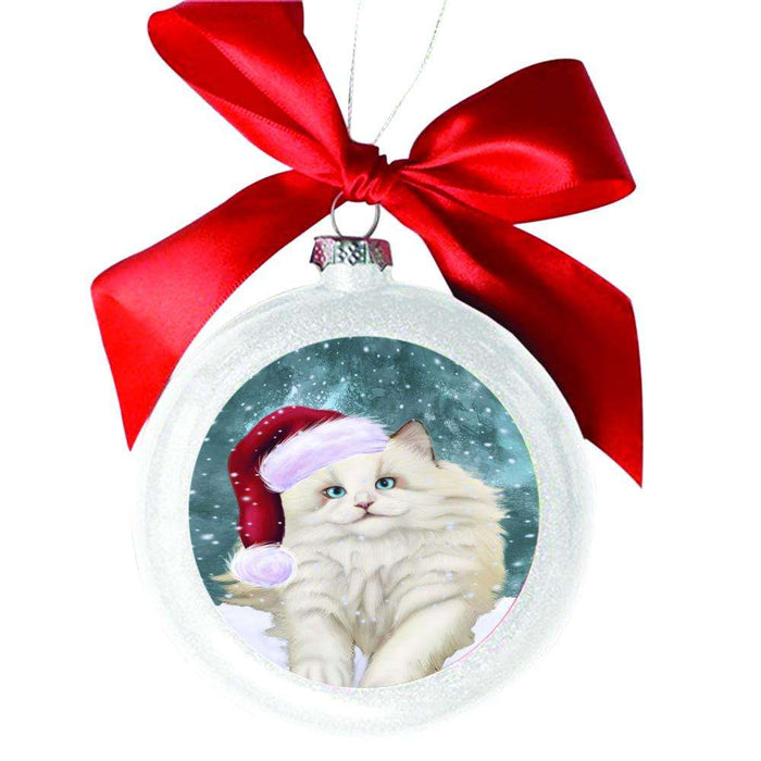 Let it Snow Christmas Holiday White Ragdoll Cat White Round Ball Christmas Ornament WBSOR48776