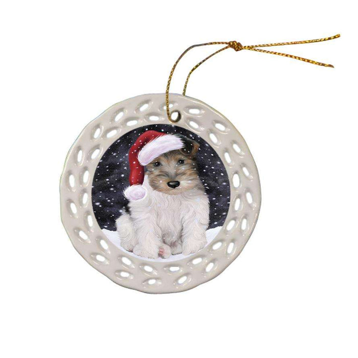 Let it Snow Christmas Holiday Wire Fox Terrier Dog Wearing Santa Hat Ceramic Doily Ornament DPOR54335