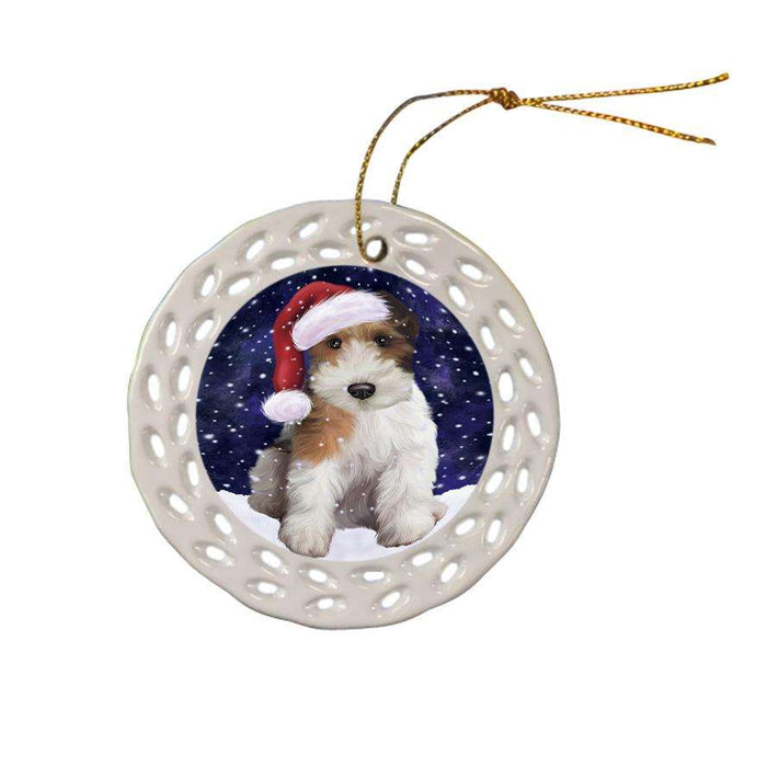 Let it Snow Christmas Holiday Wire Fox Terrier Dog Wearing Santa Hat Ceramic Doily Ornament DPOR54336
