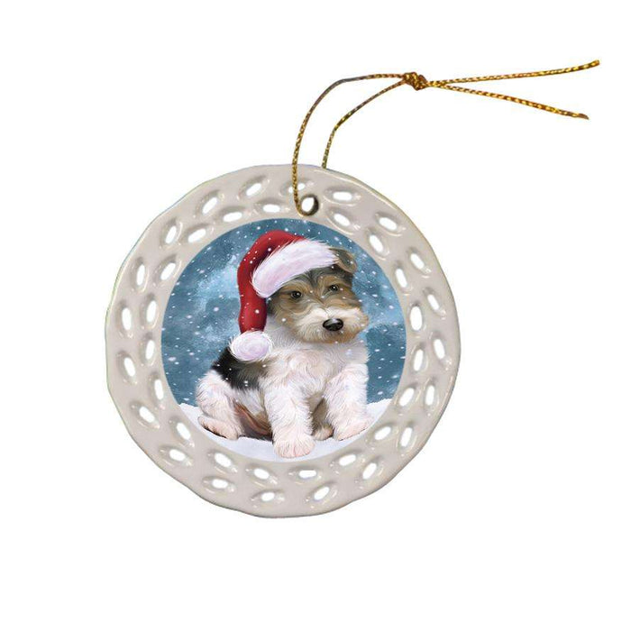 Let it Snow Christmas Holiday Wire Fox Terrier Dog Wearing Santa Hat Ceramic Doily Ornament DPOR54337