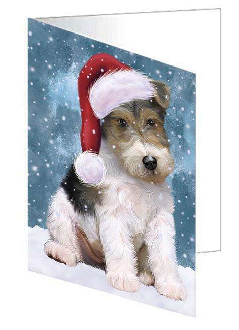Let it Snow Christmas Holiday Wire Fox Terrier Dog Wearing Santa Hat Handmade Artwork Assorted Pets Greeting Cards and Note Cards with Envelopes for All Occasions and Holiday Seasons GCD67040
