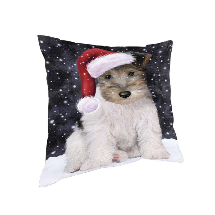 Let it Snow Christmas Holiday Wire Fox Terrier Dog Wearing Santa Hat Pillow PIL73964