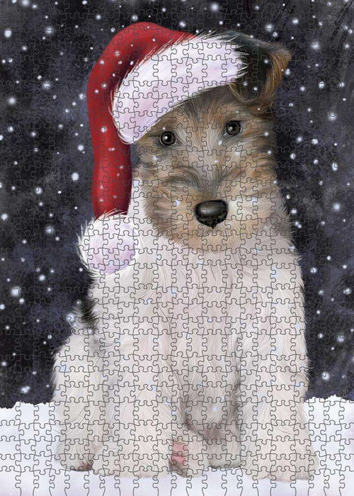 Let it Snow Christmas Holiday Wire Fox Terrier Dog Wearing Santa Hat Puzzle with Photo Tin PUZL84496