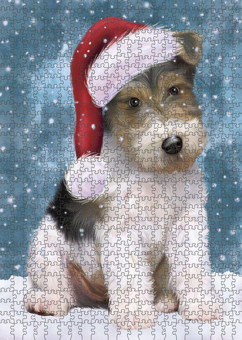 Let it Snow Christmas Holiday Wire Fox Terrier Dog Wearing Santa Hat Puzzle with Photo Tin PUZL84504