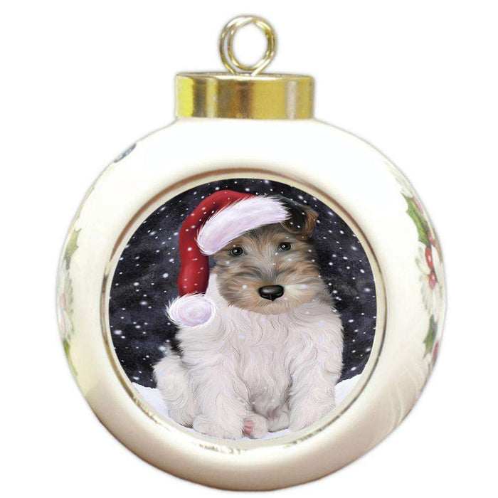 Let it Snow Christmas Holiday Wire Fox Terrier Dog Wearing Santa Hat Round Ball Christmas Ornament RBPOR54335