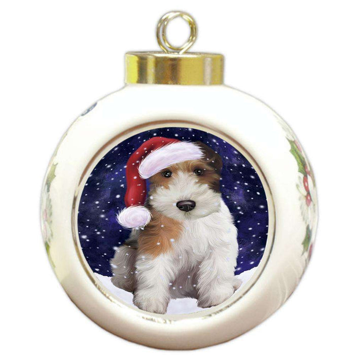 Let it Snow Christmas Holiday Wire Fox Terrier Dog Wearing Santa Hat Round Ball Christmas Ornament RBPOR54336