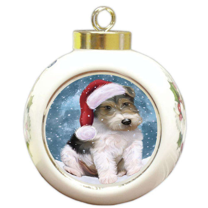 Let it Snow Christmas Holiday Wire Fox Terrier Dog Wearing Santa Hat Round Ball Christmas Ornament RBPOR54337
