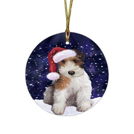 Let it Snow Christmas Holiday Wire Fox Terrier Dog Wearing Santa Hat Round Flat Christmas Ornament RFPOR54327