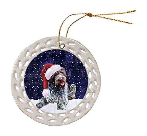 Let it Snow Christmas Holiday Wirehaired Pointing Griffon Dog Wearing Santa Hat Ceramic Doily Ornament D043