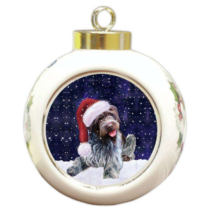 Let it Snow Christmas Holiday Wirehaired Pointing Griffon Dog Wearing Santa Hat Round Ball Ornament D251