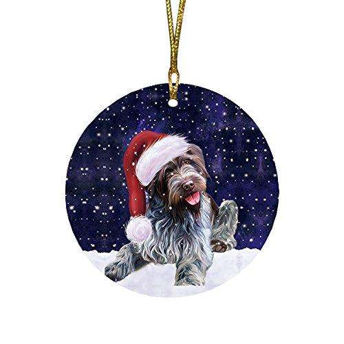 Let it Snow Christmas Holiday Wirehaired Pointing Griffon Dog Wearing Santa Hat Round Ornament D251
