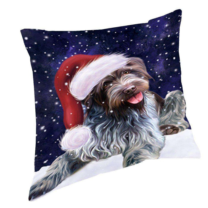 Let it Snow Christmas Holiday Wirehaired Pointing Griffon Dog Wearing Santa Hat Throw Pillow D409