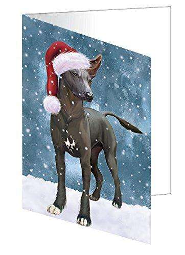 Let it Snow Christmas Holiday Xoloitzcuintli Mexican Haireless Dog Wearing Santa Hat Handmade Artwork Assorted Pets Greeting Cards and Note Cards with Envelopes for All Occasions and Holiday Seasons D358