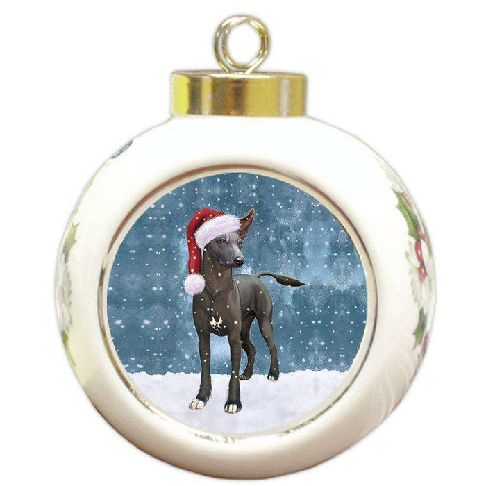 Let it Snow Christmas Holiday Xoloitzcuintli Mexican Haireless Dog Wearing Santa Hat Round Ball Ornament D252