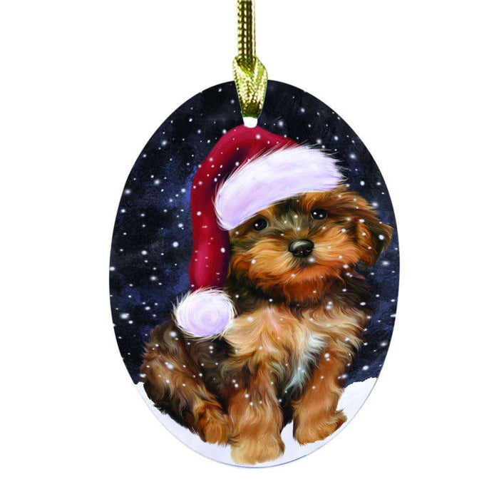 Let it Snow Christmas Holiday Yorkipoo Dog Oval Glass Christmas Ornament OGOR48979