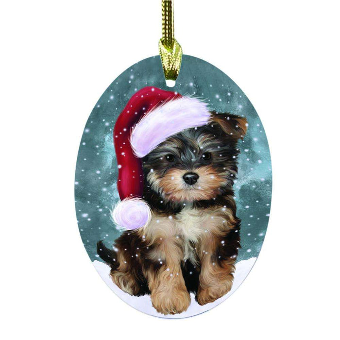 Let it Snow Christmas Holiday Yorkipoo Dog Oval Glass Christmas Ornament OGOR48980
