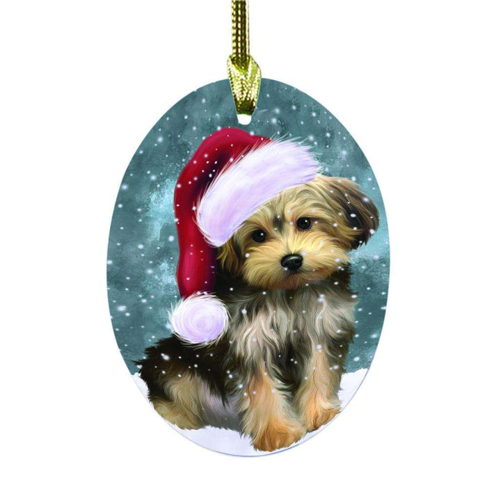 Let it Snow Christmas Holiday Yorkipoo Dog Oval Glass Christmas Ornament OGOR48982