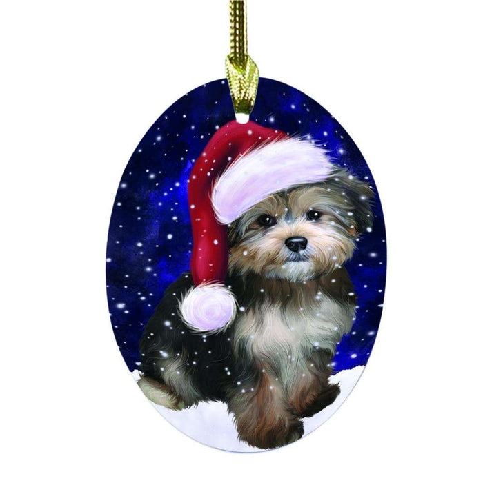 Let it Snow Christmas Holiday Yorkipoo Dog Oval Glass Christmas Ornament OGOR48983