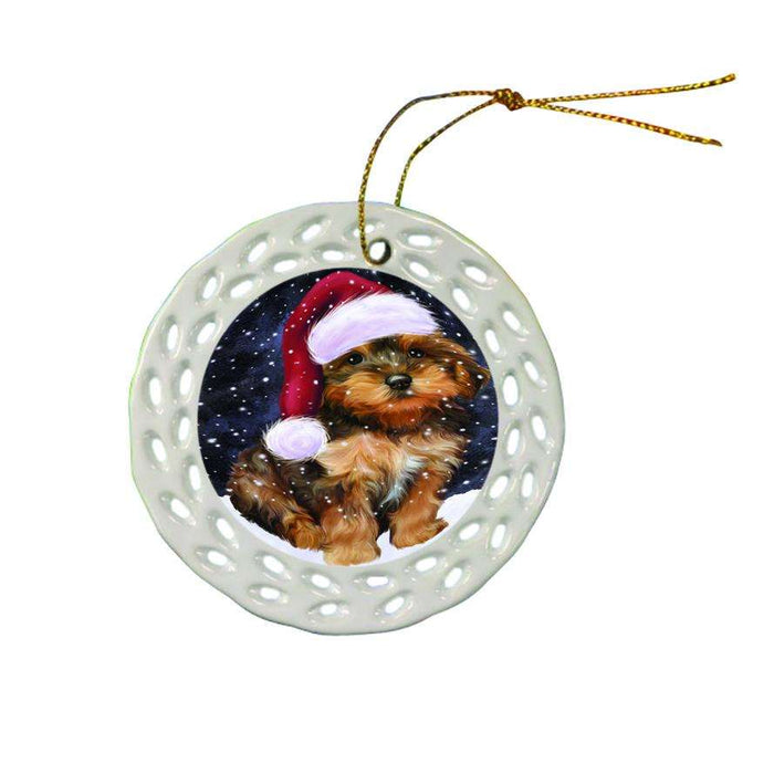Let it Snow Christmas Holiday Yorkipoo Dog Wearing Santa Hat Ceramic Doily Ornament DPOR54338
