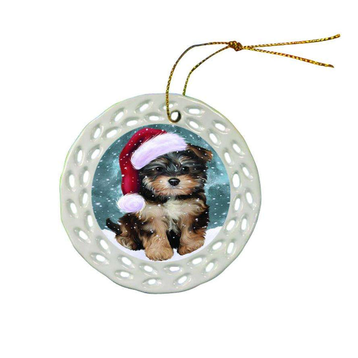 Let it Snow Christmas Holiday Yorkipoo Dog Wearing Santa Hat Ceramic Doily Ornament DPOR54339