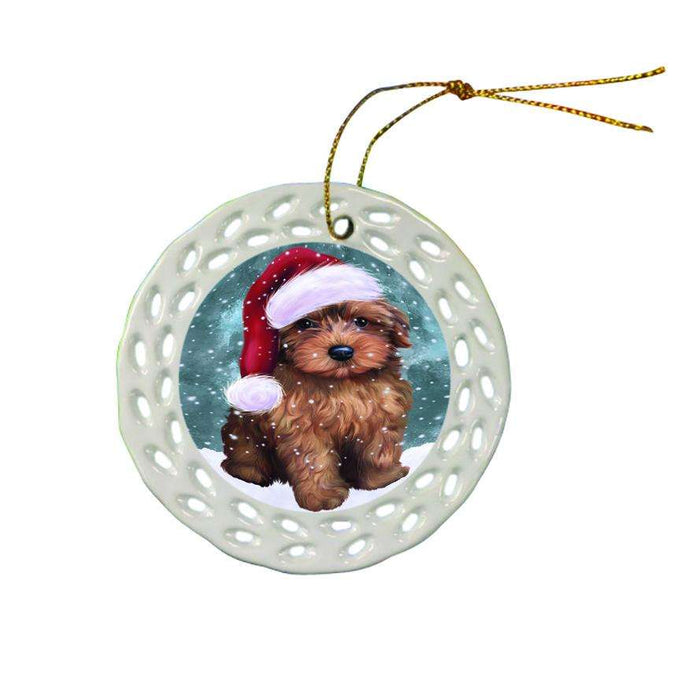 Let it Snow Christmas Holiday Yorkipoo Dog Wearing Santa Hat Ceramic Doily Ornament DPOR54340