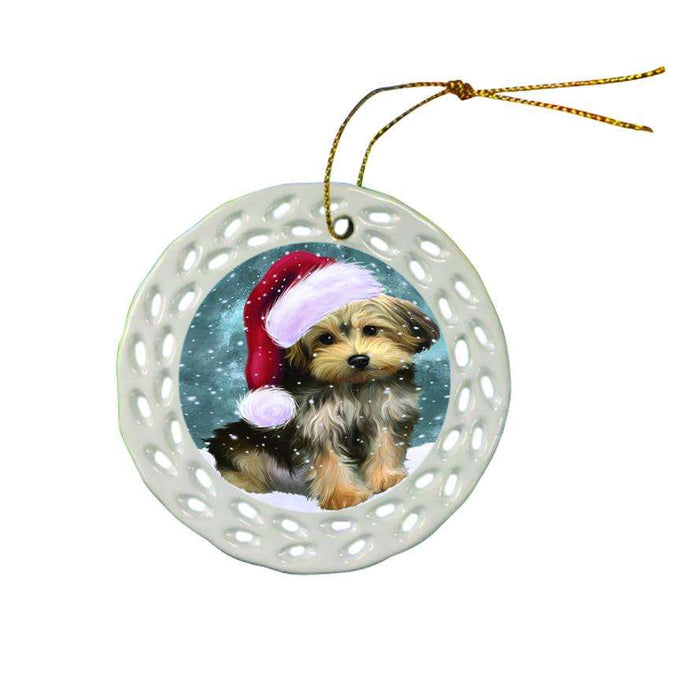 Let it Snow Christmas Holiday Yorkipoo Dog Wearing Santa Hat Ceramic Doily Ornament DPOR54341