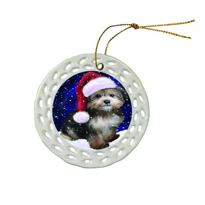 Let it Snow Christmas Holiday Yorkipoo Dog Wearing Santa Hat Ceramic Doily Ornament DPOR54342