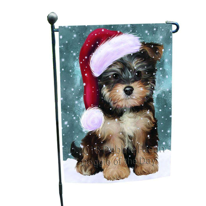 Let it Snow Christmas Holiday Yorkipoo Dog Wearing Santa Hat Garden Flag GFLG54401