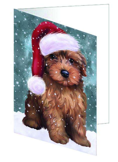 Let it Snow Christmas Holiday Yorkipoo Dog Wearing Santa Hat Handmade Artwork Assorted Pets Greeting Cards and Note Cards with Envelopes for All Occasions and Holiday Seasons GCD67049