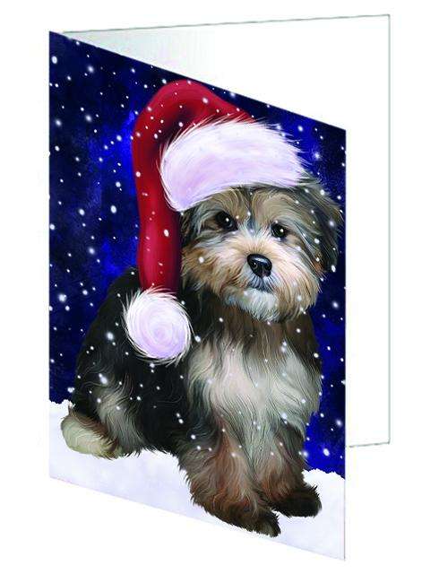 Let it Snow Christmas Holiday Yorkipoo Dog Wearing Santa Hat Handmade Artwork Assorted Pets Greeting Cards and Note Cards with Envelopes for All Occasions and Holiday Seasons GCD67055