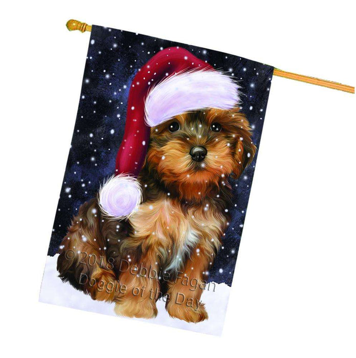 Let it Snow Christmas Holiday Yorkipoo Dog Wearing Santa Hat House Flag FLG54536