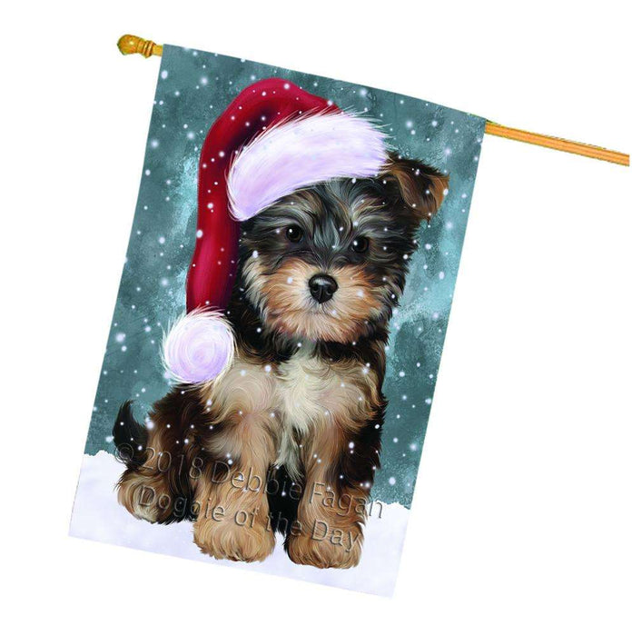 Let it Snow Christmas Holiday Yorkipoo Dog Wearing Santa Hat House Flag FLG54537
