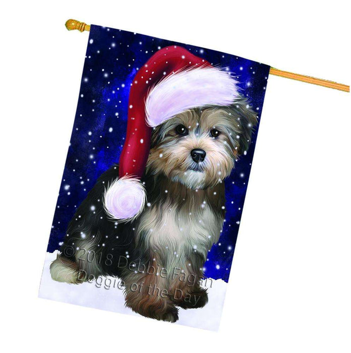 Let it Snow Christmas Holiday Yorkipoo Dog Wearing Santa Hat House Flag FLG54540