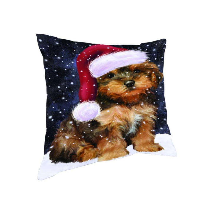 Let it Snow Christmas Holiday Yorkipoo Dog Wearing Santa Hat Pillow PIL73976
