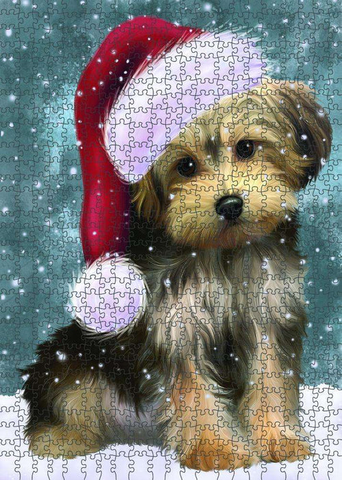Let it Snow Christmas Holiday Yorkipoo Dog Wearing Santa Hat Puzzle with Photo Tin PUZL84520