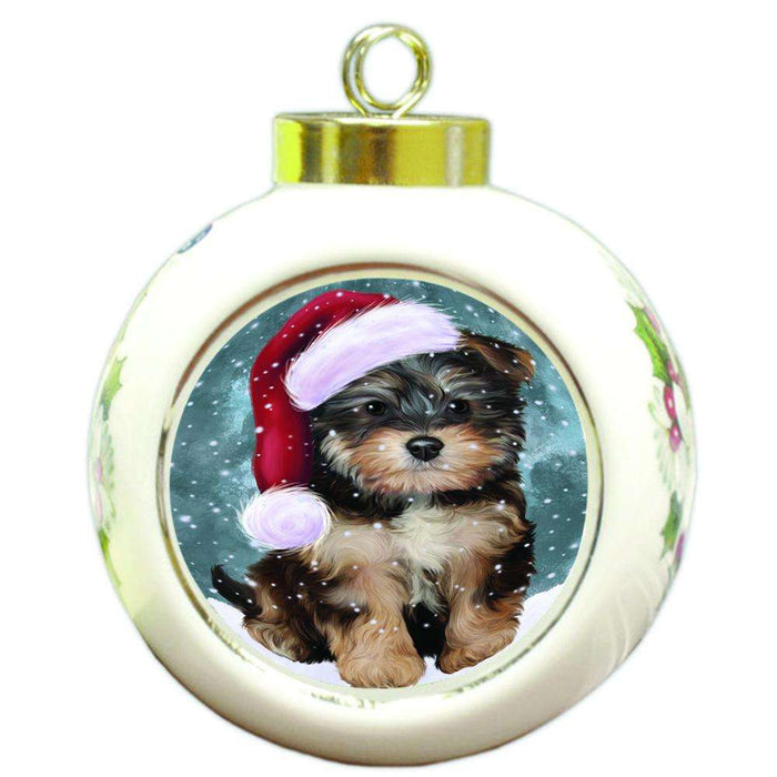 Let it Snow Christmas Holiday Yorkipoo Dog Wearing Santa Hat Round Ball Christmas Ornament RBPOR54339